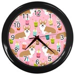 Corgi Bubble Boba Tea Pink Pattern Wall Clock (Black)