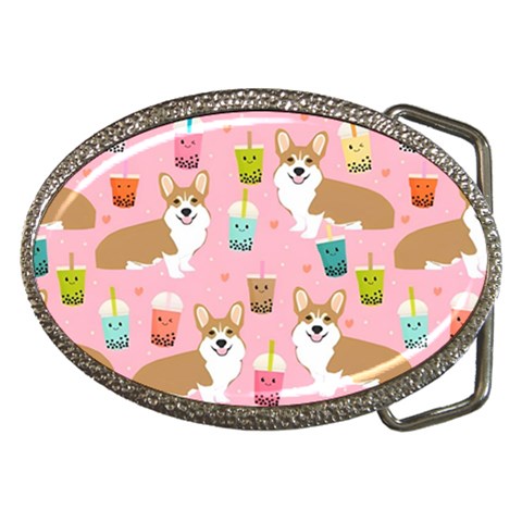 Corgi Bubble Boba Tea Pink Pattern Belt Buckles from ArtsNow.com Front