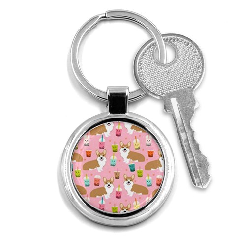 Corgi Bubble Boba Tea Pink Pattern Key Chain (Round) from ArtsNow.com Front