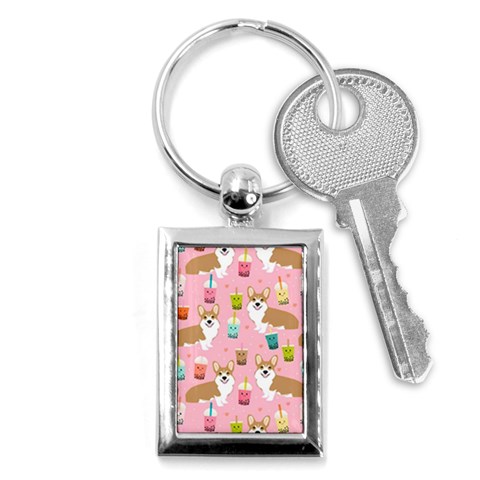 Corgi Bubble Boba Tea Pink Pattern Key Chain (Rectangle) from ArtsNow.com Front