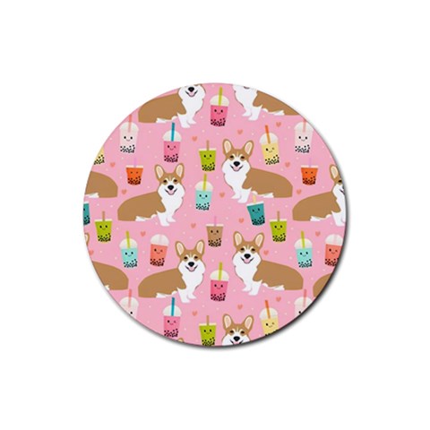 Corgi Bubble Boba Tea Pink Pattern Rubber Round Coaster (4 pack) from ArtsNow.com Front