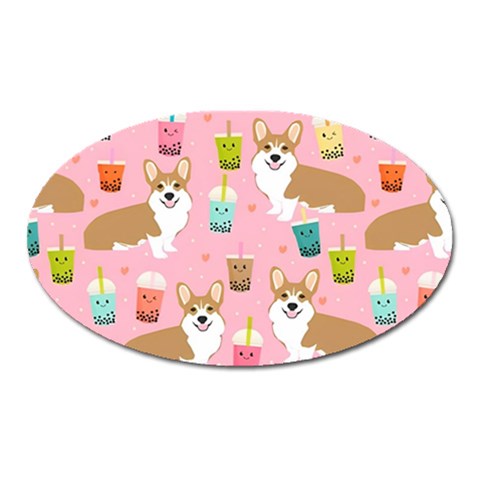 Corgi Bubble Boba Tea Pink Pattern Oval Magnet from ArtsNow.com Front