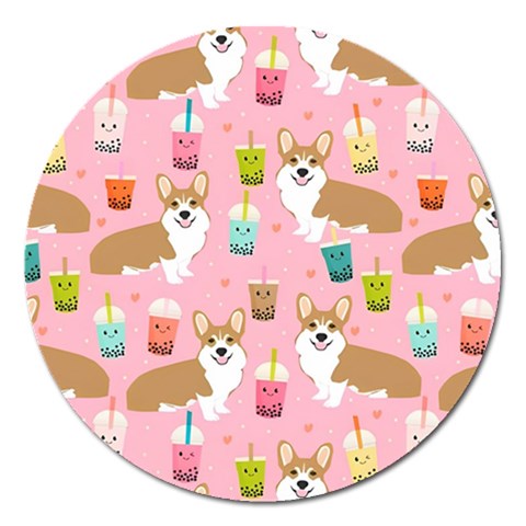 Corgi Bubble Boba Tea Pink Pattern Magnet 5  (Round) from ArtsNow.com Front