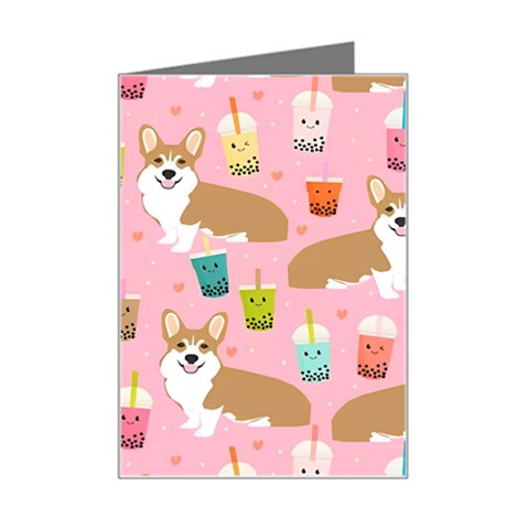 Corgi Bubble Boba Tea Pink Pattern Mini Greeting Card from ArtsNow.com Left