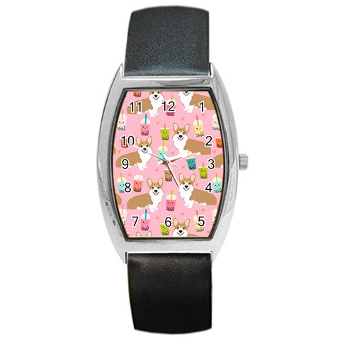 Corgi Bubble Boba Tea Pink Pattern Barrel Style Metal Watch from ArtsNow.com Front