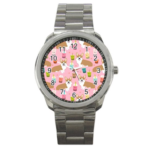 Corgi Bubble Boba Tea Pink Pattern Sport Metal Watch from ArtsNow.com Front