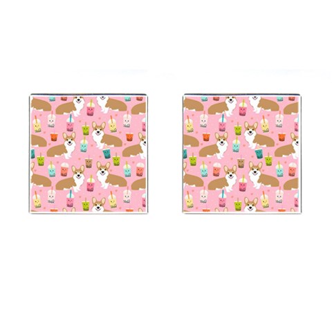 Corgi Bubble Boba Tea Pink Pattern Cufflinks (Square) from ArtsNow.com Front(Pair)