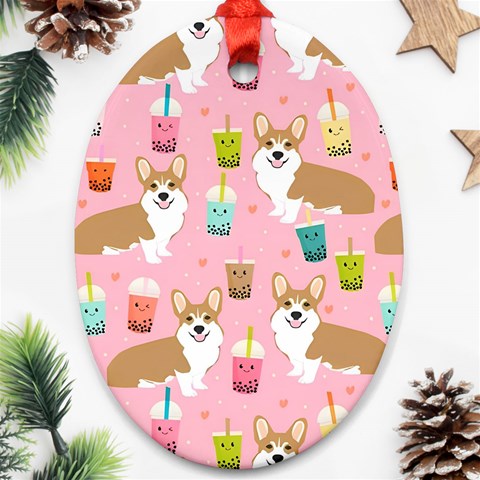 Corgi Bubble Boba Tea Pink Pattern Oval Ornament (Two Sides) from ArtsNow.com Front