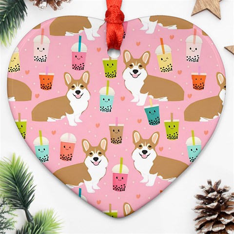 Corgi Bubble Boba Tea Pink Pattern Heart Ornament (Two Sides) from ArtsNow.com Front