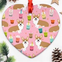 Corgi Bubble Boba Tea Pink Pattern Heart Ornament (Two Sides) from ArtsNow.com Front