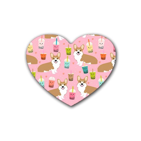 Corgi Bubble Boba Tea Pink Pattern Rubber Coaster (Heart) from ArtsNow.com Front