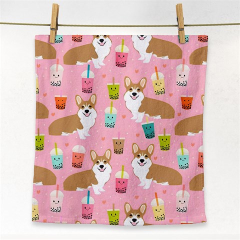 Corgi Bubble Boba Tea Pink Pattern Face Towel from ArtsNow.com Front