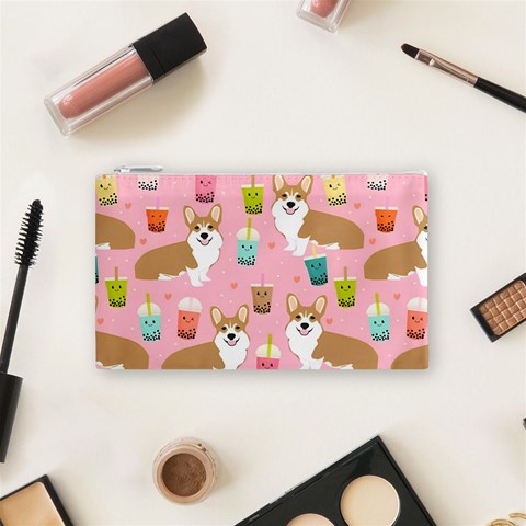 Corgi Bubble Boba Tea Pink Pattern Cosmetic Bag (Small) from ArtsNow.com Front