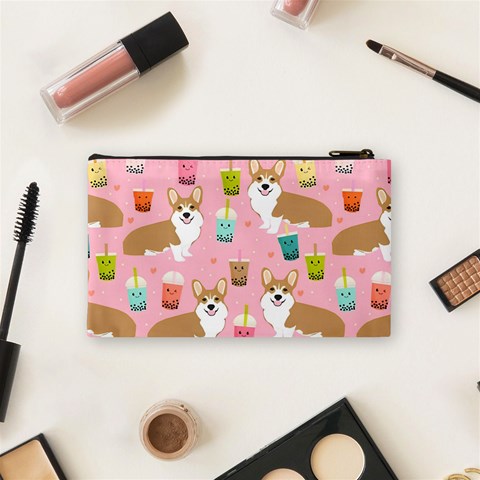 Corgi Bubble Boba Tea Pink Pattern Cosmetic Bag (Small) from ArtsNow.com Back