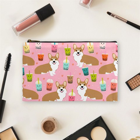 Corgi Bubble Boba Tea Pink Pattern Cosmetic Bag (Medium) from ArtsNow.com Front