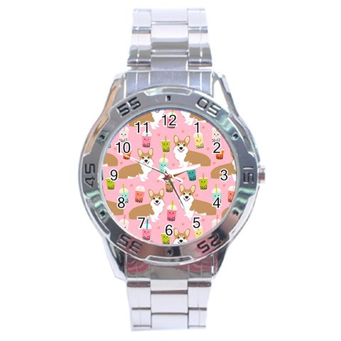 Corgi Bubble Boba Tea Pink Pattern Stainless Steel Analogue Watch from ArtsNow.com Front