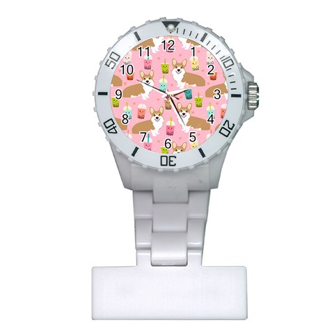 Corgi Bubble Boba Tea Pink Pattern Plastic Nurses Watch from ArtsNow.com Front