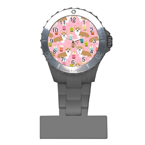 Corgi Bubble Boba Tea Pink Pattern Plastic Nurses Watch from ArtsNow.com Front