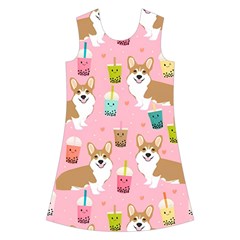 Corgi Bubble Boba Tea Pink Pattern Kids  Short Sleeve Velvet Dress from ArtsNow.com Front