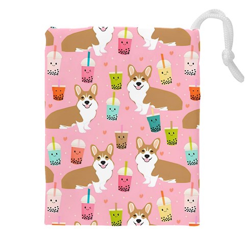 Corgi Bubble Boba Tea Pink Pattern Drawstring Pouch (5XL) from ArtsNow.com Front