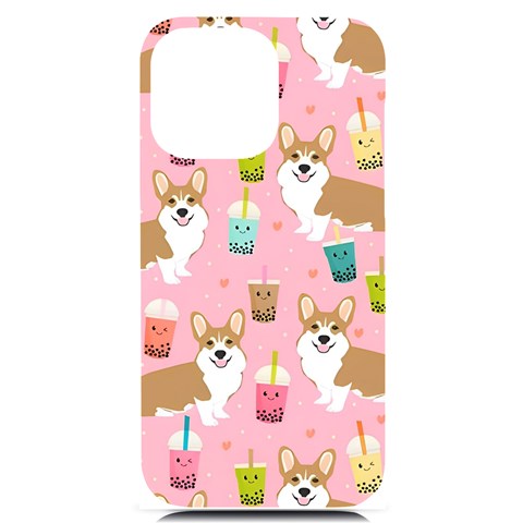 Corgi Bubble Boba Tea Pink Pattern iPhone 14 Pro Max Black UV Print PC Hardshell Case from ArtsNow.com Front