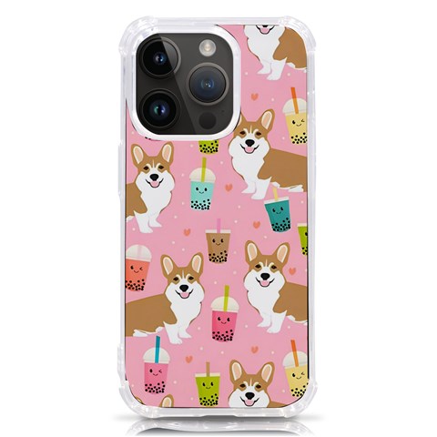 Corgi Bubble Boba Tea Pink Pattern iPhone 14 Pro TPU UV Print Case from ArtsNow.com Front