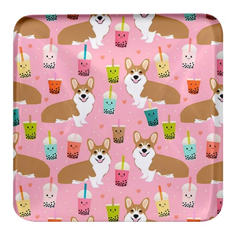 Corgi Bubble Boba Tea Pink Pattern Square Glass Fridge Magnet (4 pack) from ArtsNow.com Front