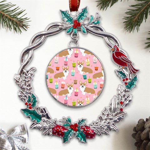 Corgi Bubble Boba Tea Pink Pattern Metal X mas Wreath Holly leaf Ornament from ArtsNow.com Front