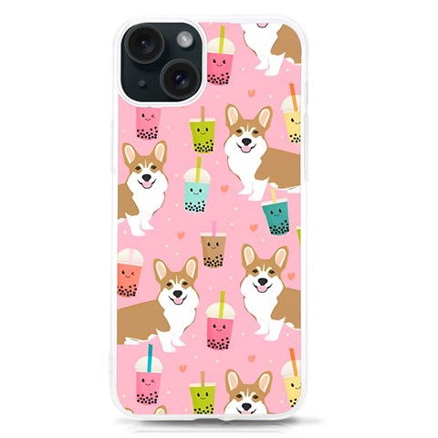 Corgi Bubble Boba Tea Pink Pattern iPhone 15 TPU UV Print Case from ArtsNow.com Front