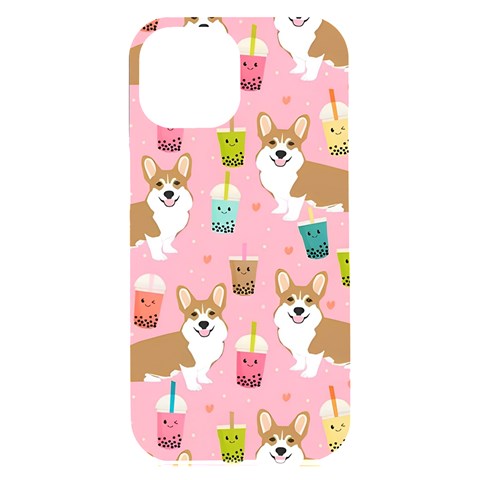 Corgi Bubble Boba Tea Pink Pattern iPhone 15 Plus Black UV Print PC Hardshell Case from ArtsNow.com Front