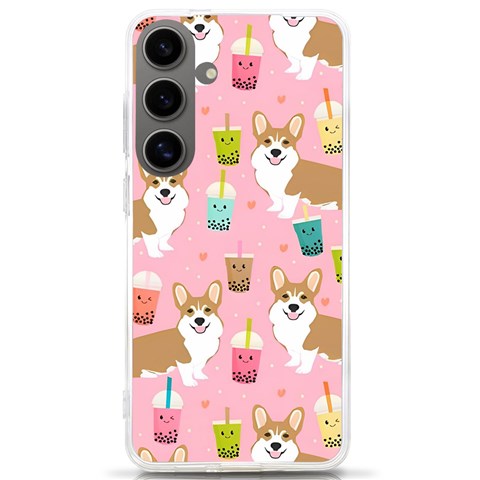 Corgi Bubble Boba Tea Pink Pattern Samsung Galaxy S24 Ultra 6.9 Inch TPU UV Case from ArtsNow.com Front