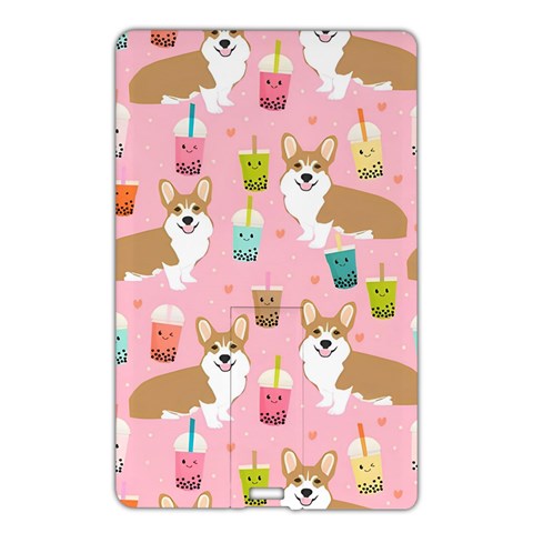 Corgi Bubble Boba Tea Pink Pattern Name Card Style USB Flash Drive from ArtsNow.com Front