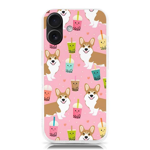 Corgi Bubble Boba Tea Pink Pattern iPhone 16 TPU UV Print Case from ArtsNow.com Front