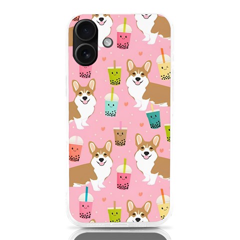 Corgi Bubble Boba Tea Pink Pattern iPhone 16 Plus TPU UV Print Case from ArtsNow.com Front