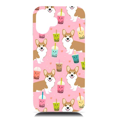 Corgi Bubble Boba Tea Pink Pattern iPhone 16 Plus Black UV Print PC Hardshell Case from ArtsNow.com Front