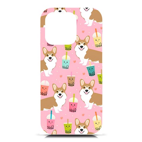 Corgi Bubble Boba Tea Pink Pattern iPhone 16 Pro Black UV Print PC Hardshell Case from ArtsNow.com Front