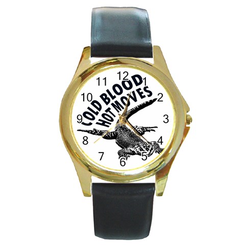 Lizard graphic illustration with sarcastic phase Round Gold Metal Watch from ArtsNow.com Front