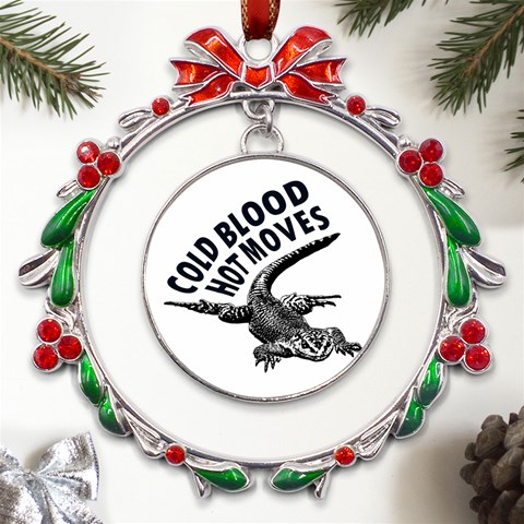 Lizard graphic illustration with sarcastic phase Metal X mas Wreath Ribbon Ornament from ArtsNow.com Front