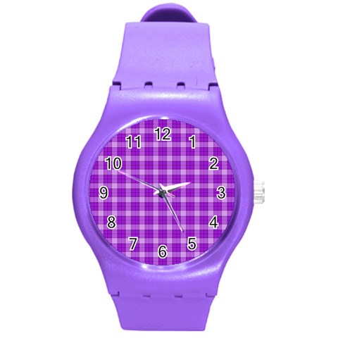 Purple Plaid Tartan 3 Round Plastic Sport Watch (M) from ArtsNow.com Front