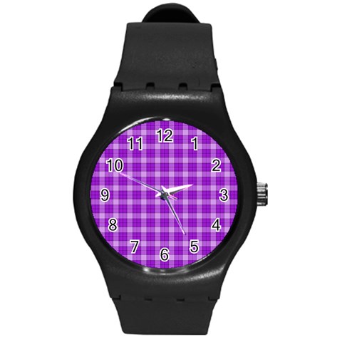 Purple Plaid Tartan 3 Round Plastic Sport Watch (M) from ArtsNow.com Front