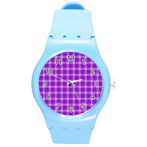 Purple Plaid Tartan 3 Round Plastic Sport Watch (M) from ArtsNow.com Front