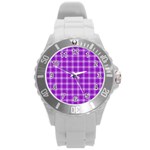 Purple Plaid Tartan 3 Round Plastic Sport Watch (L)