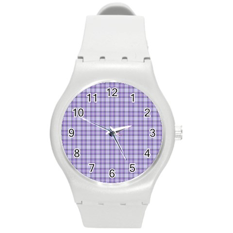 Purple Plaid Tartan 2 Round Plastic Sport Watch (M) from ArtsNow.com Front