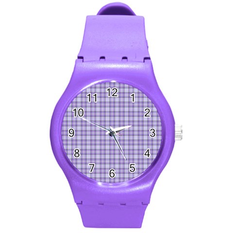 Purple Plaid Tartan 2 Round Plastic Sport Watch (M) from ArtsNow.com Front