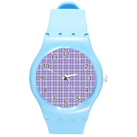 Purple Plaid Tartan 2 Round Plastic Sport Watch (M) from ArtsNow.com Front