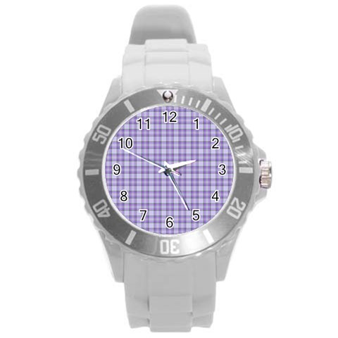 Purple Plaid Tartan 2 Round Plastic Sport Watch (L) from ArtsNow.com Front