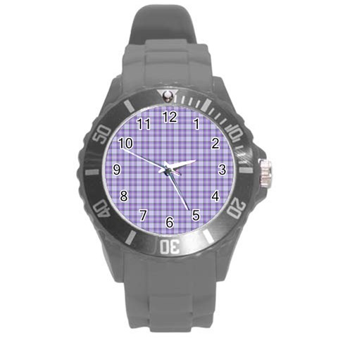 Purple Plaid Tartan 2 Round Plastic Sport Watch (L) from ArtsNow.com Front