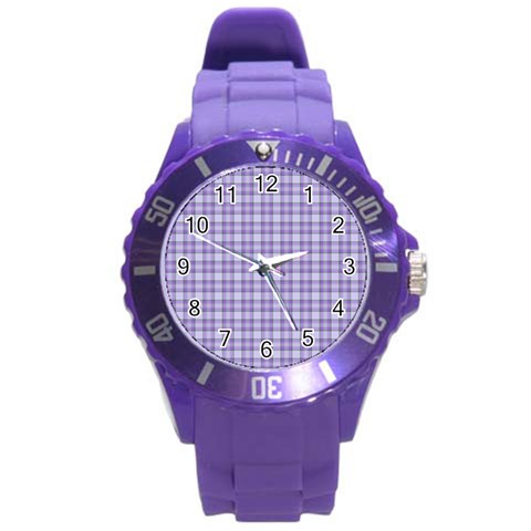 Purple Plaid Tartan 2 Round Plastic Sport Watch (L) from ArtsNow.com Front