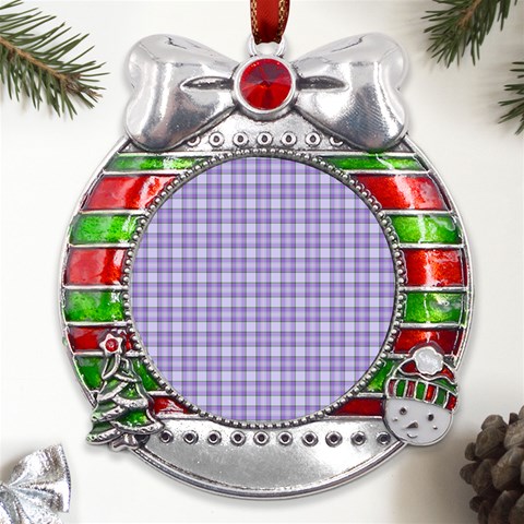 Purple Plaid Tartan 2 Metal X Mas Ribbon With Red Crystal Round Ornament from ArtsNow.com Front