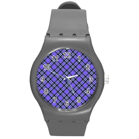 Blue Tartan Plaid 1 Diagonal Round Plastic Sport Watch (M) from ArtsNow.com Front